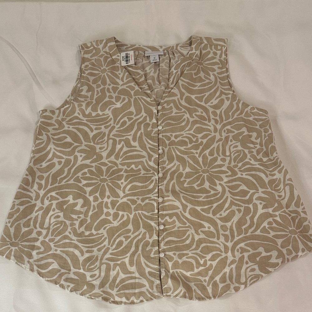 Beachy Coastal Linen Blend Beige Floral Sleeveless Resort Blouse Size M